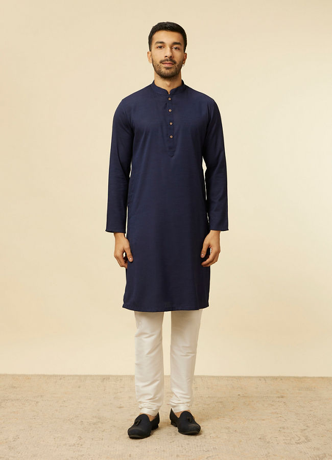 alt message - Manyavar Men Blue Jacquard Plain Design Kurta image number 2