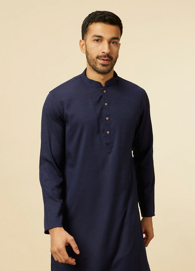 alt message - Manyavar Men Blue Jacquard Plain Design Kurta image number 0