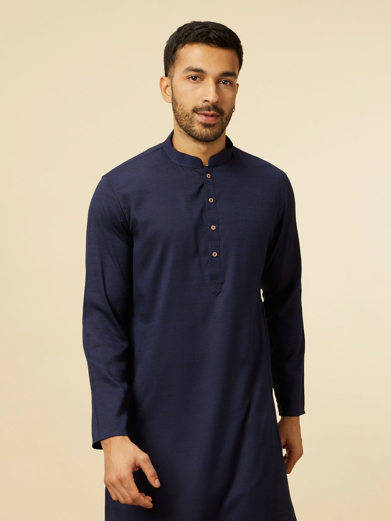 alt message - Manyavar Men Blue Jacquard Plain Design Kurta image number 0