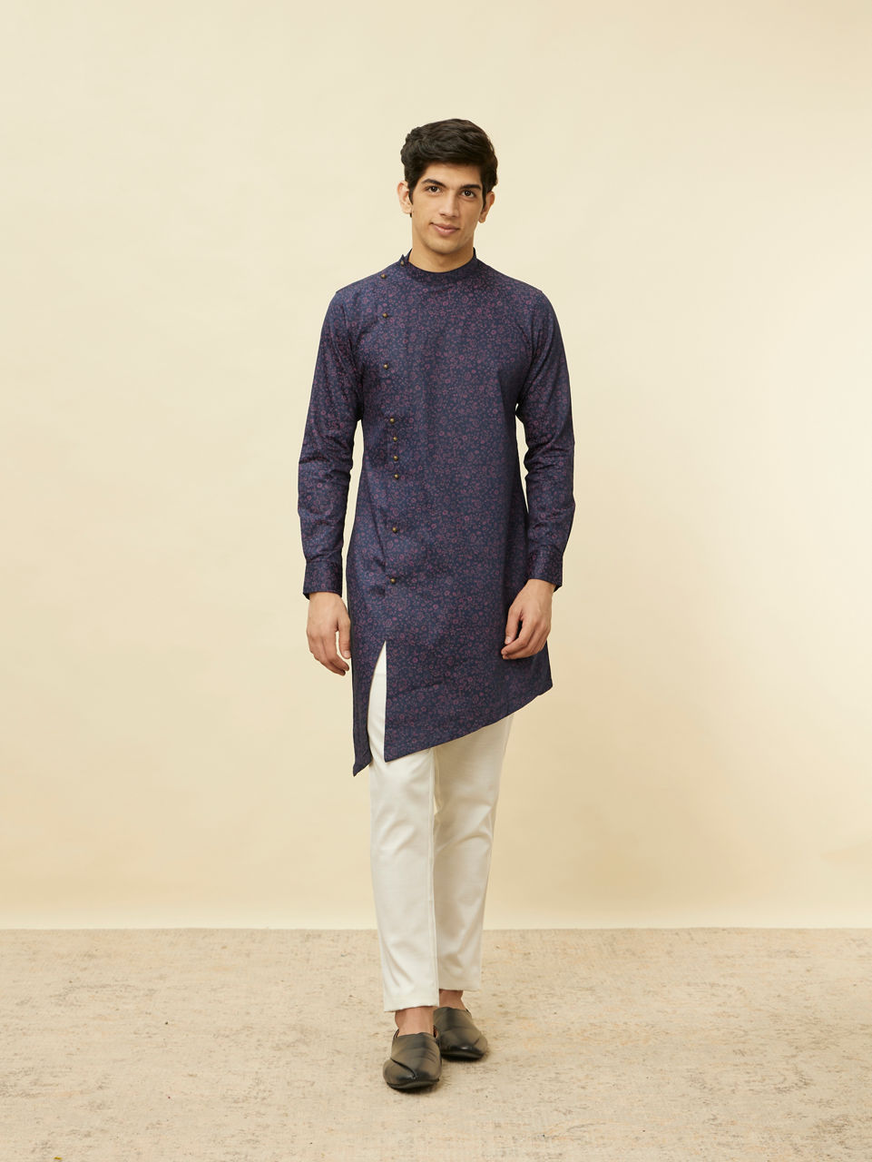 Manyavar Men Deep Blue Angrakha Style Kurta
