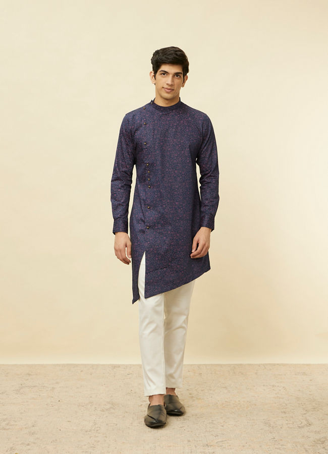 Manyavar Men Deep Blue Angrakha Style Kurta image number 2