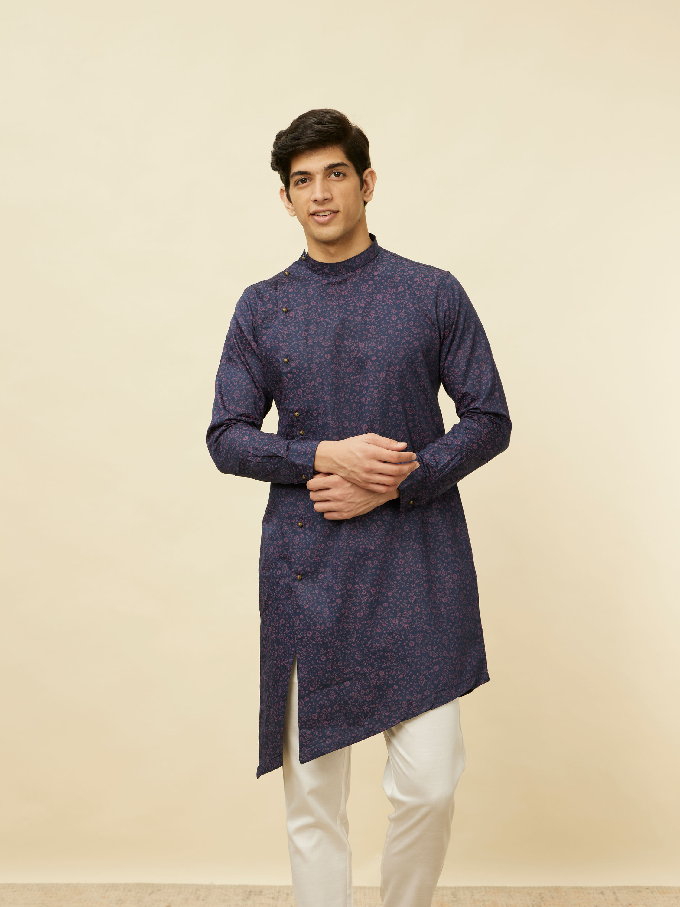 Manyavar Men Deep Blue Angrakha Style Kurta