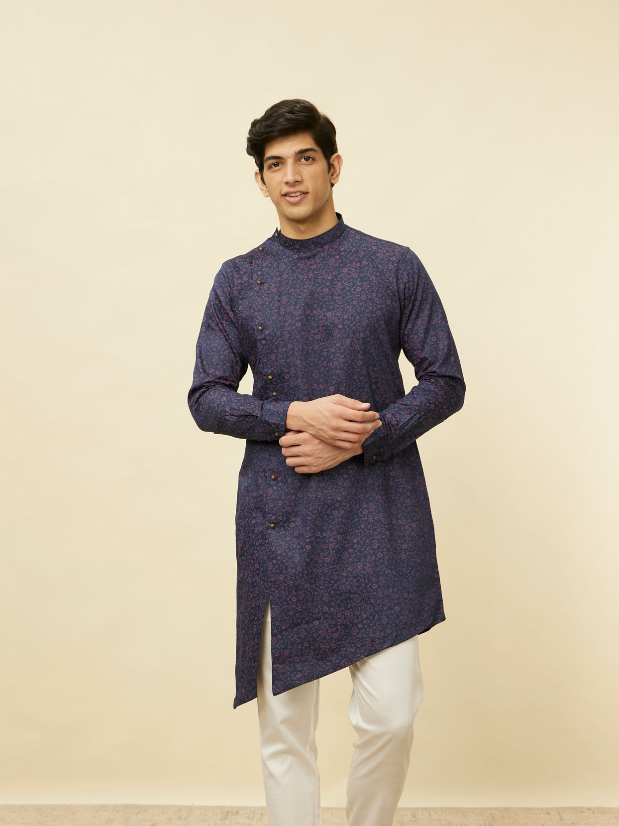 Manyavar Men Deep Blue Angrakha Style Kurta image number 0