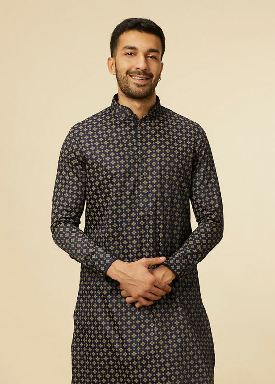 Manyavar Men Midnight Sapphire Blue Printed Kurta