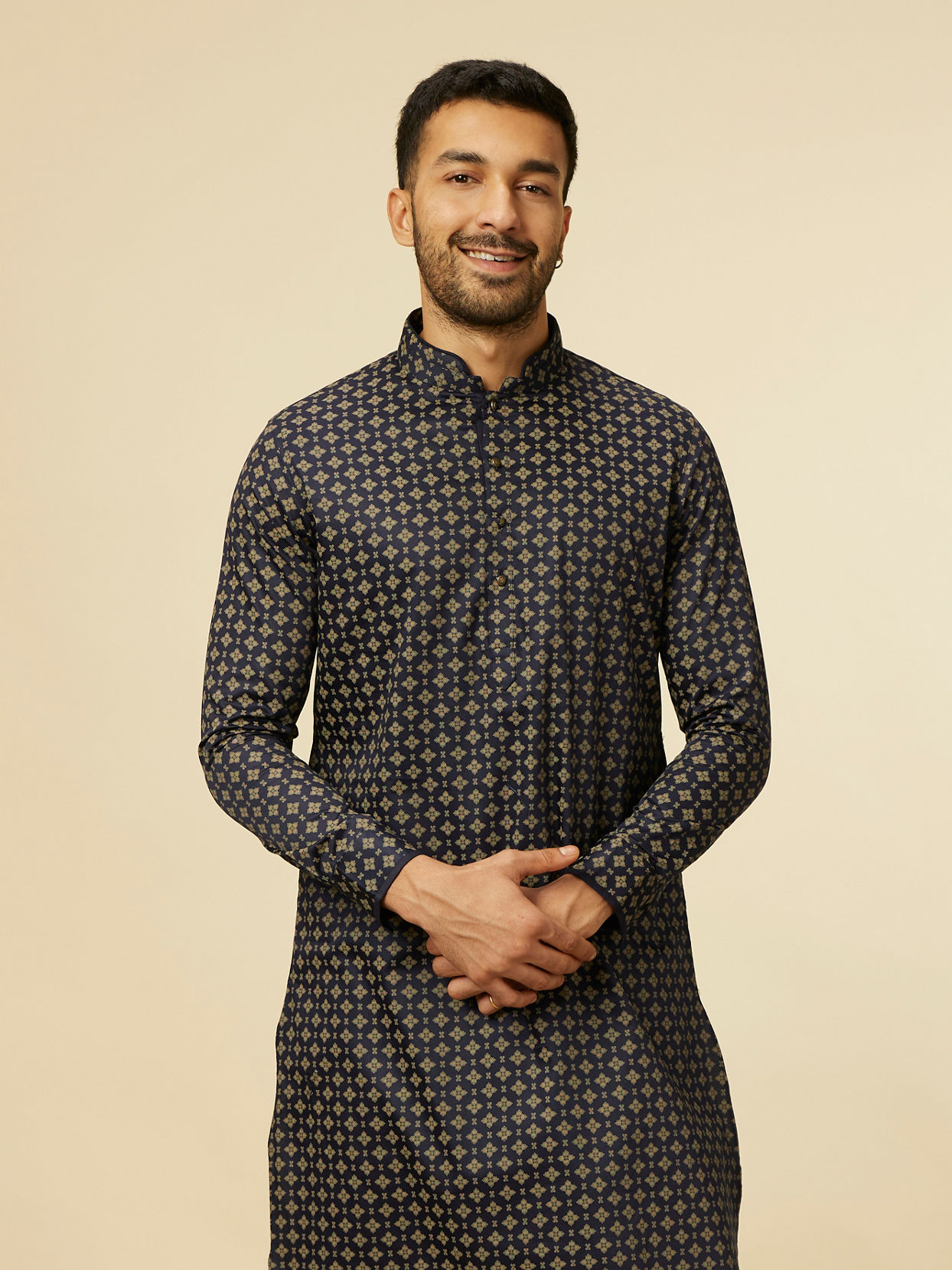 alt message - Manyavar Men Midnight Sapphire Blue Printed Kurta image number 0