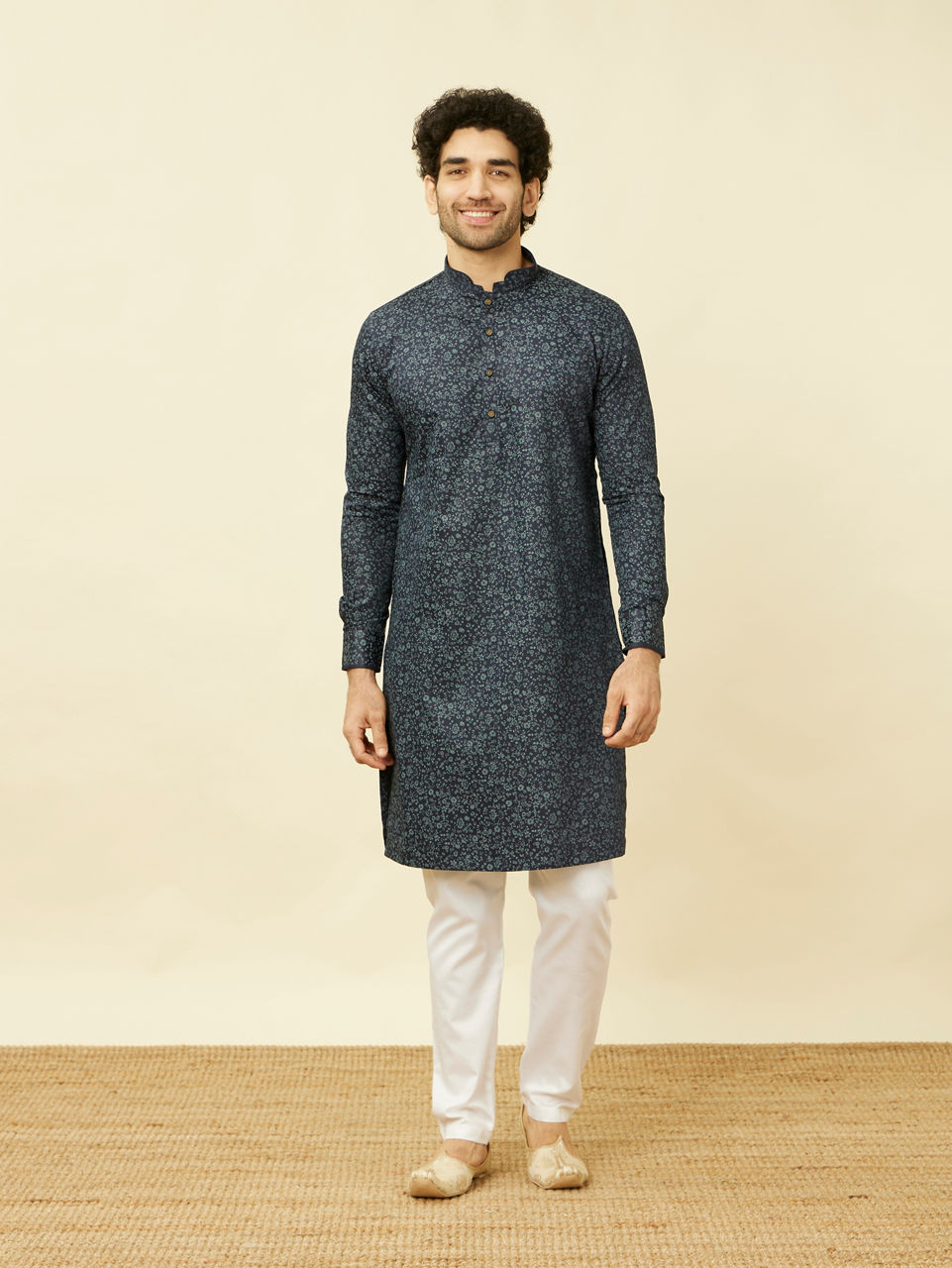 Manyavar Men Maritime Blue Floral Printed Kurta