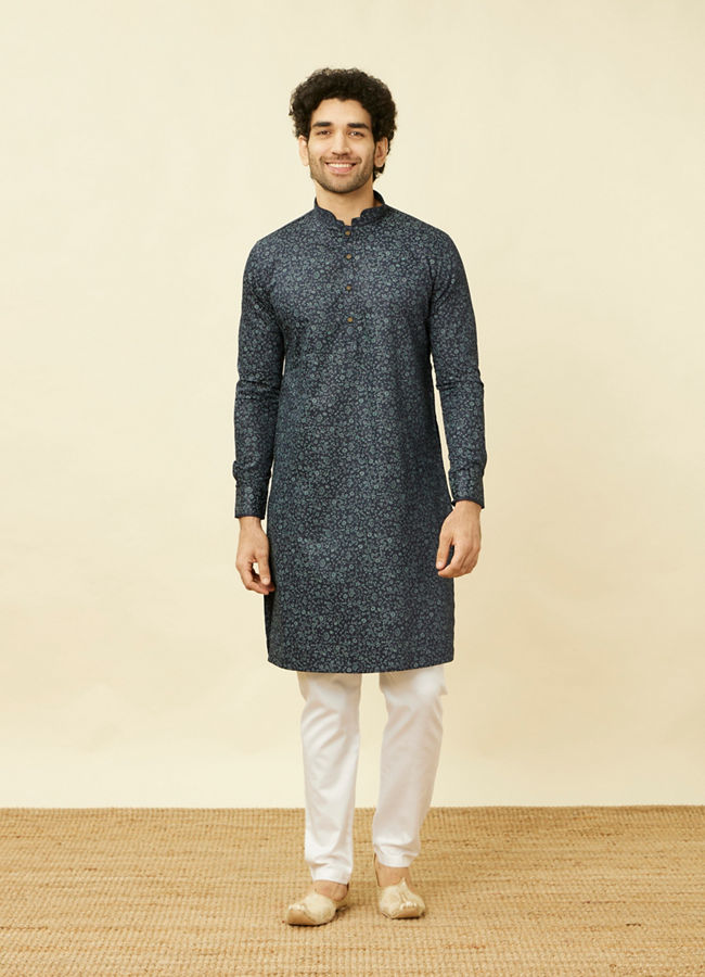 Manyavar Men Maritime Blue Floral Printed Kurta