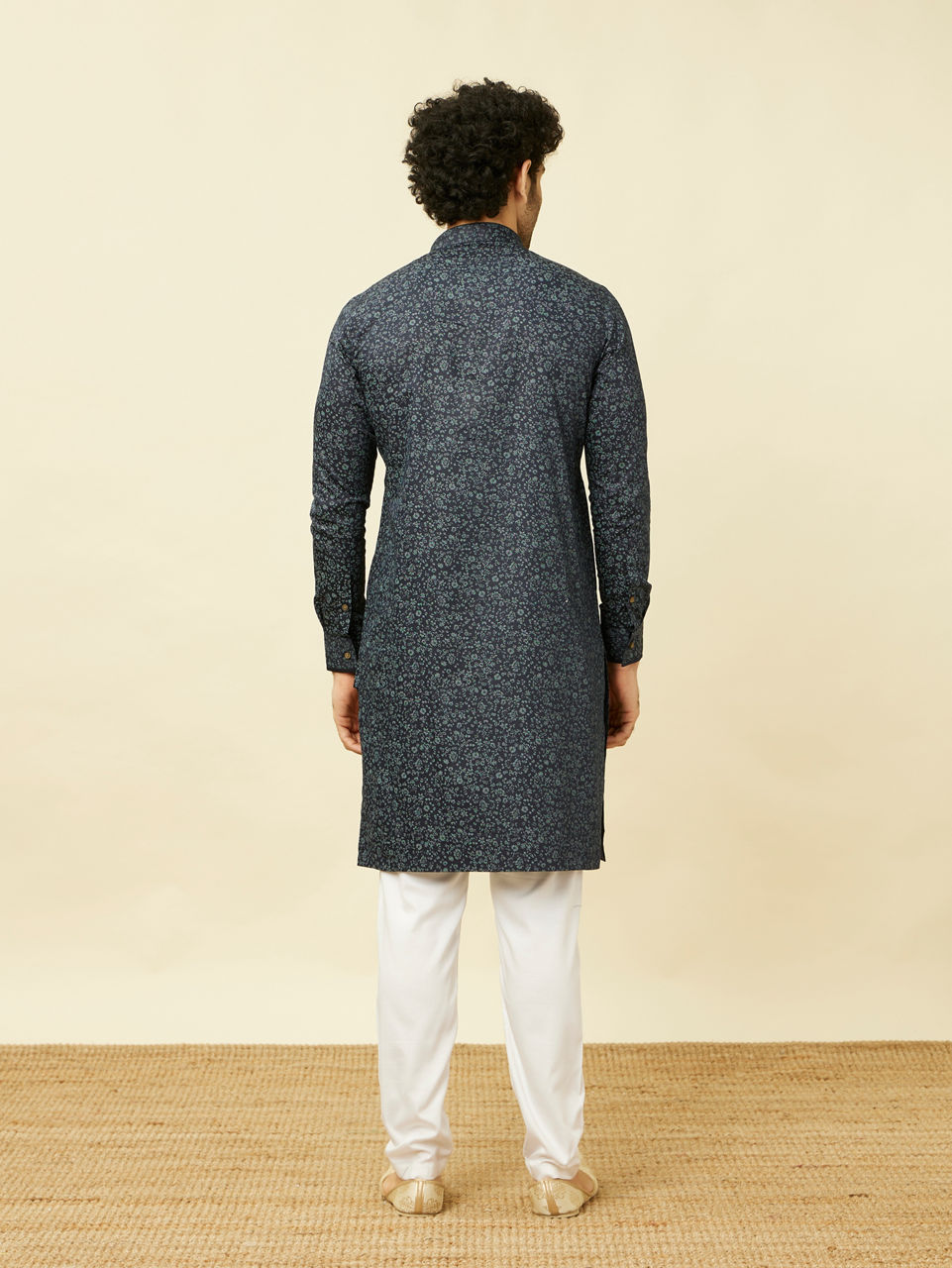 Manyavar Men Maritime Blue Floral Printed Kurta