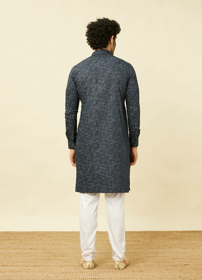 Manyavar Men Maritime Blue Floral Printed Kurta