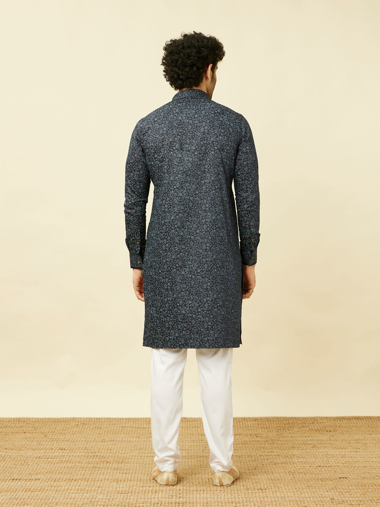 Manyavar Men Maritime Blue Floral Printed Kurta
