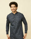 alt message - Manyavar Men Maritime Blue Floral Printed Kurta image number 0