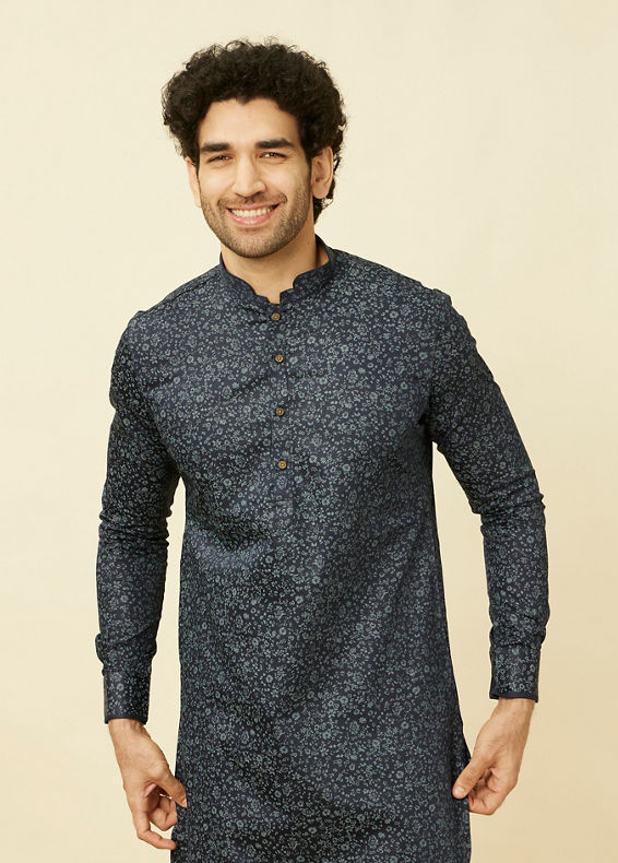 Manyavar Men Maritime Blue Floral Printed Kurta