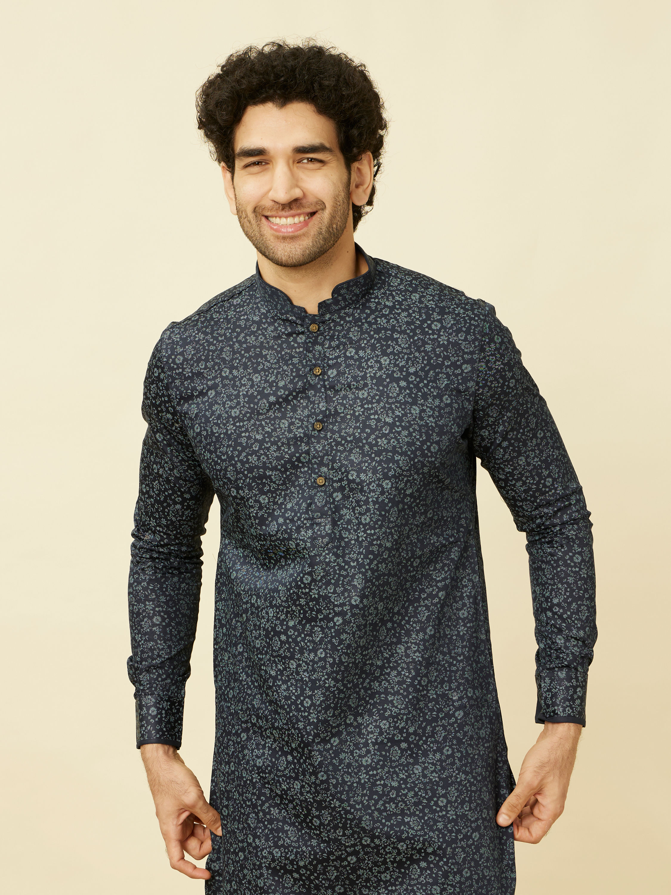 Manyavar Men Maritime Blue Floral Printed Kurta