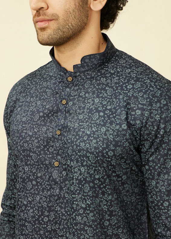 Manyavar Men Maritime Blue Floral Printed Kurta