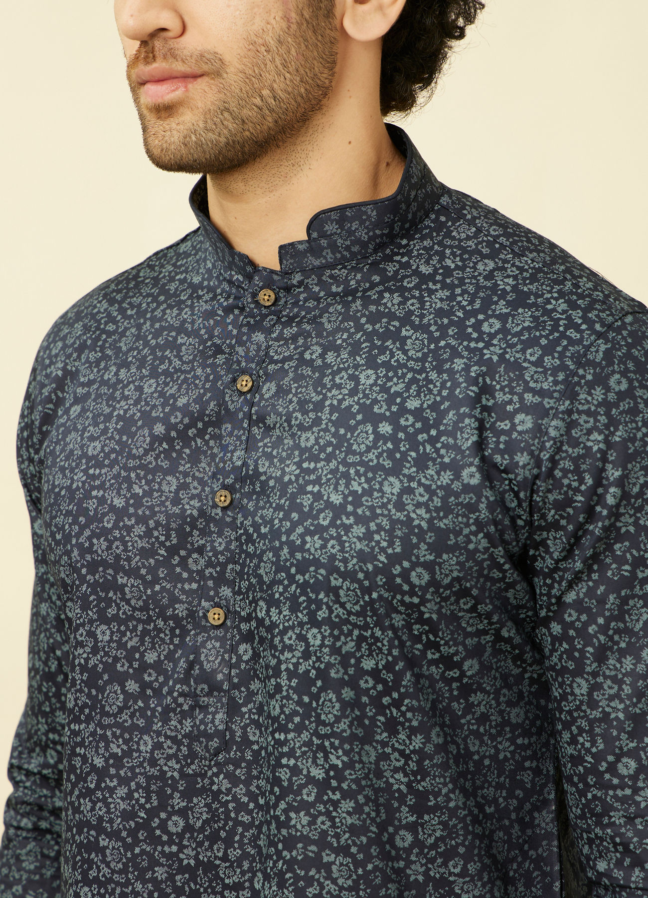 Manyavar Men Maritime Blue Floral Printed Kurta