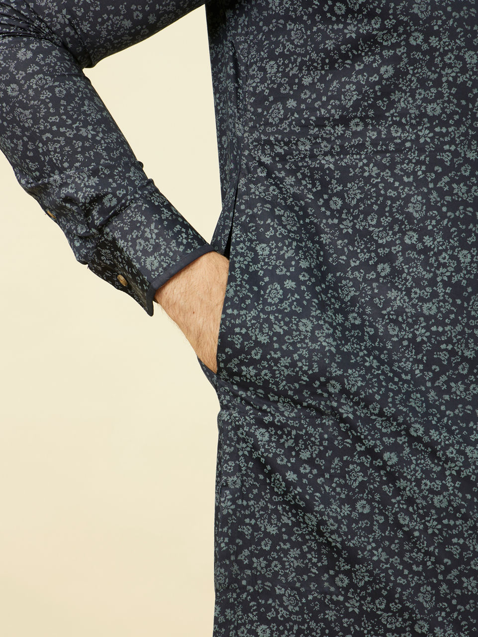 Manyavar Men Maritime Blue Floral Printed Kurta