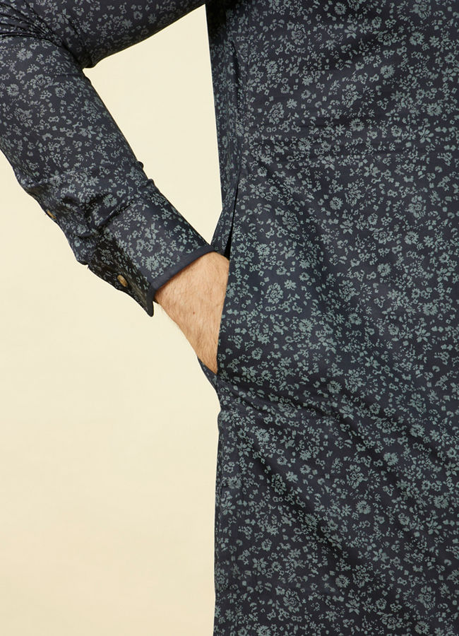 Manyavar Men Maritime Blue Floral Printed Kurta