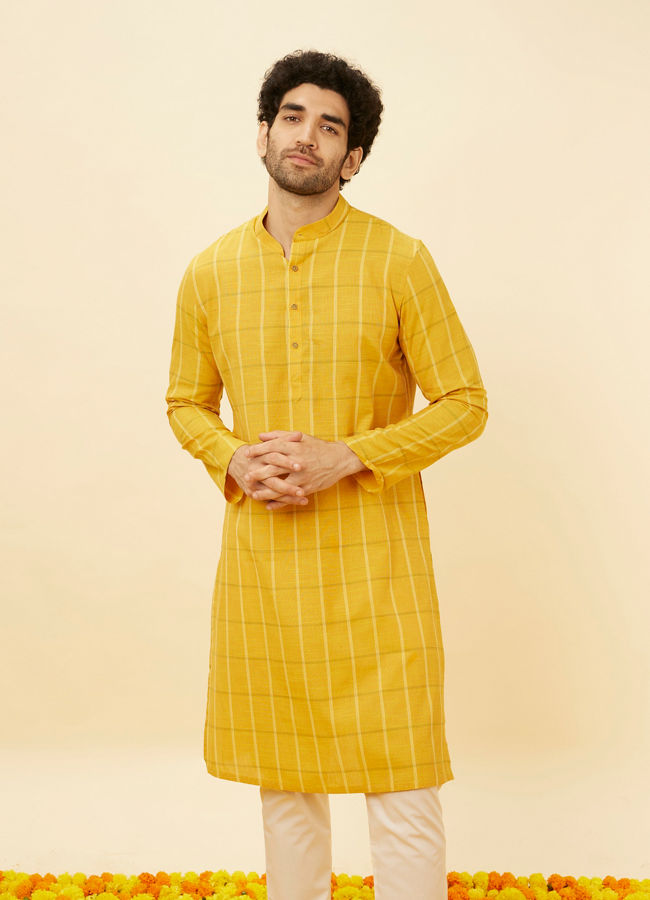 Manyavar Men Canary Yellow Windowpane Checkered Kurta