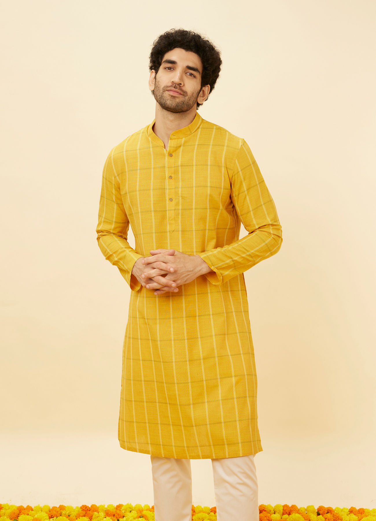 Manyavar Men Canary Yellow Windowpane Checkered Kurta