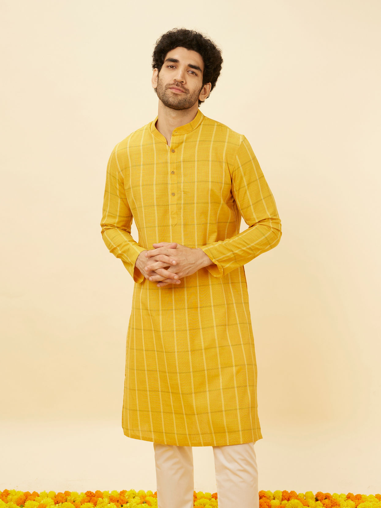 Manyavar Men Canary Yellow Windowpane Checkered Kurta