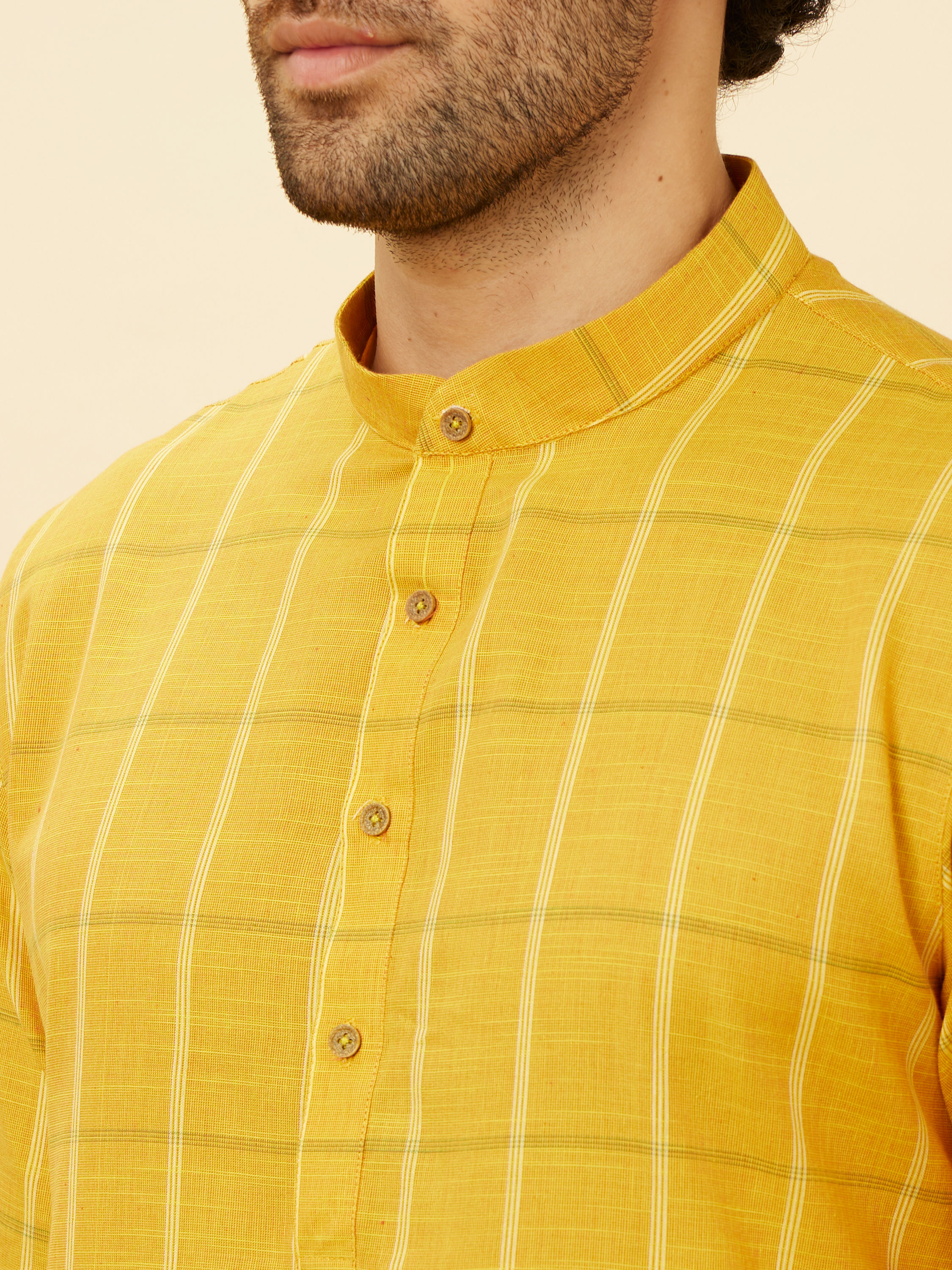 Manyavar Men Canary Yellow Windowpane Checkered Kurta