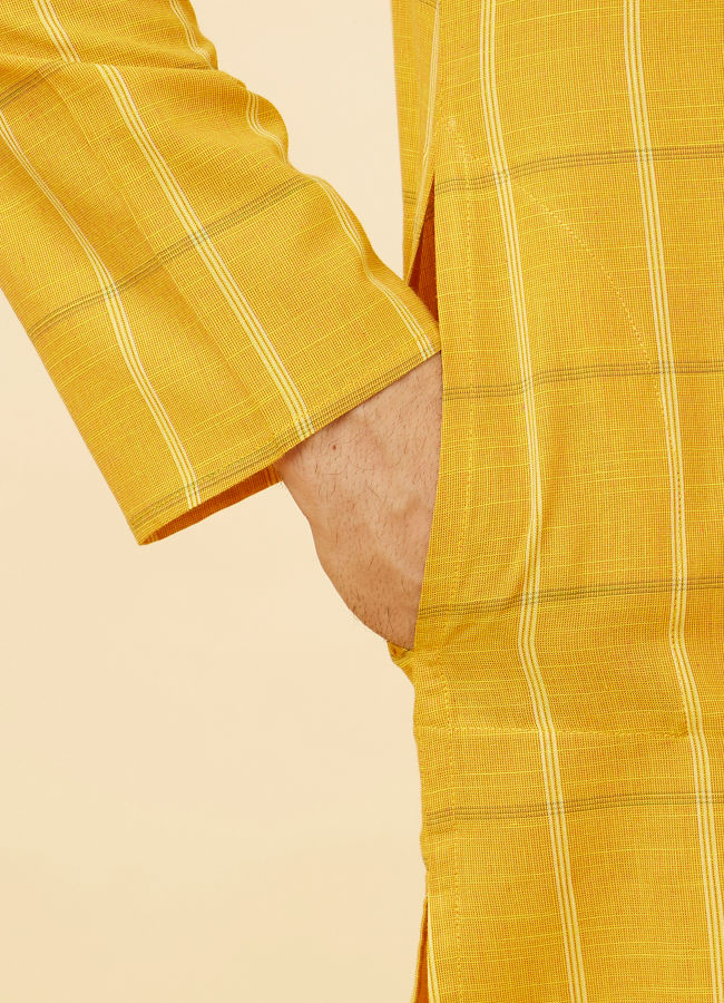 Manyavar Men Canary Yellow Windowpane Checkered Kurta