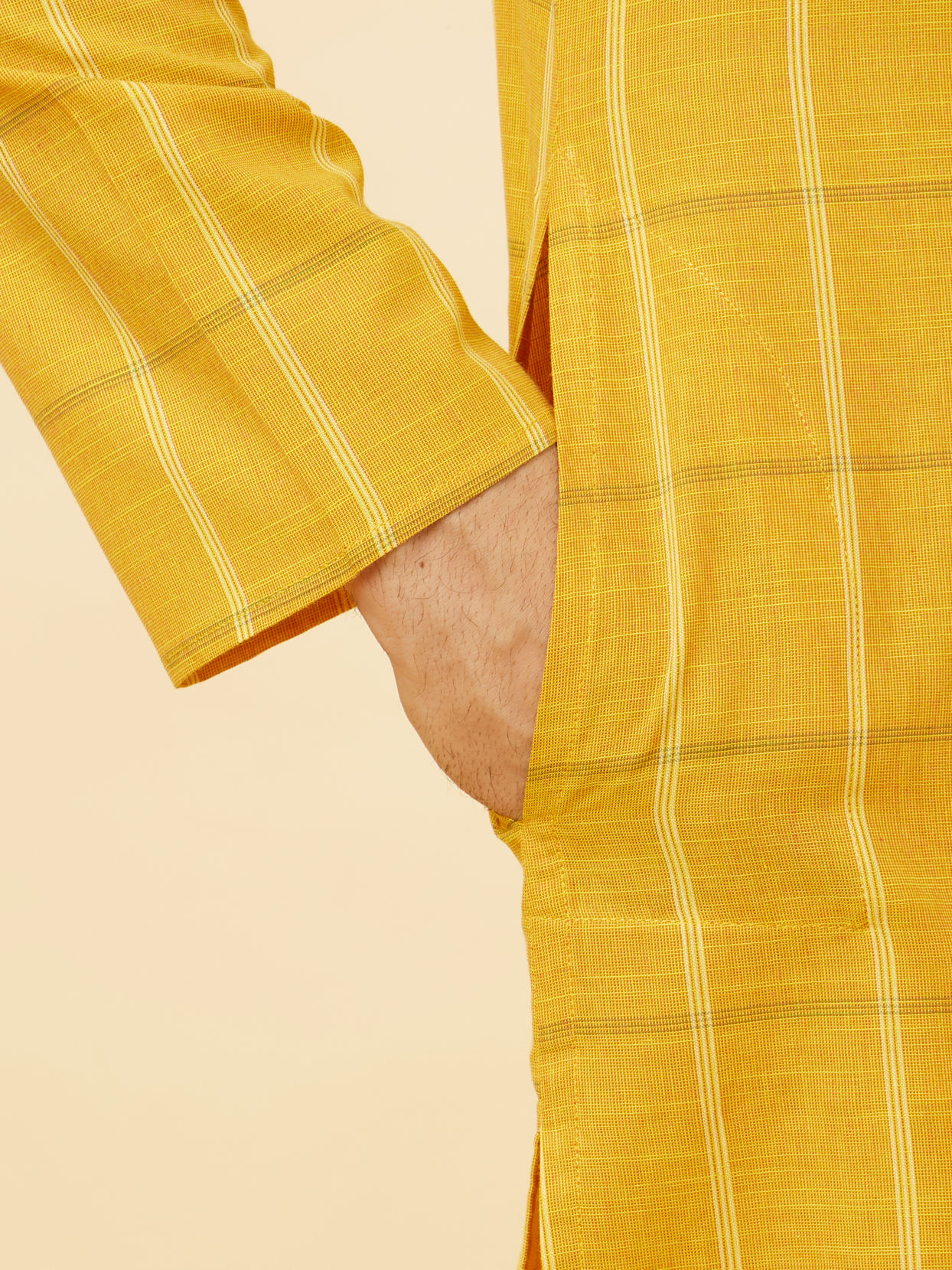 alt message - Manyavar Men Canary Yellow Windowpane Checkered Kurta image number 3