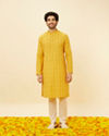 alt message - Manyavar Men Canary Yellow Windowpane Checkered Kurta image number 2