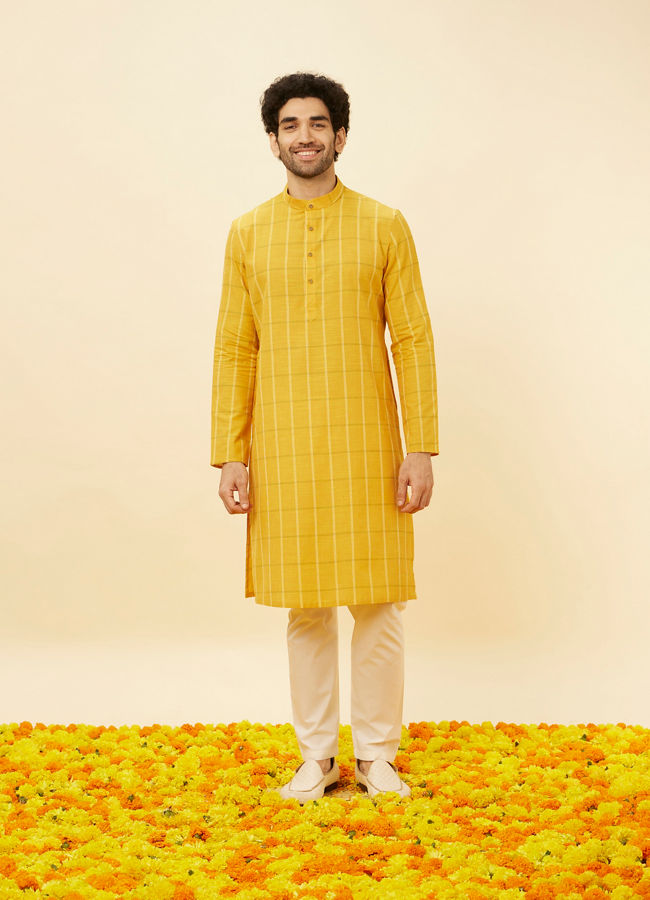 alt message - Manyavar Men Canary Yellow Windowpane Checkered Kurta image number 2