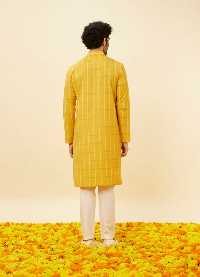 Manyavar Men Canary Yellow Windowpane Checkered Kurta