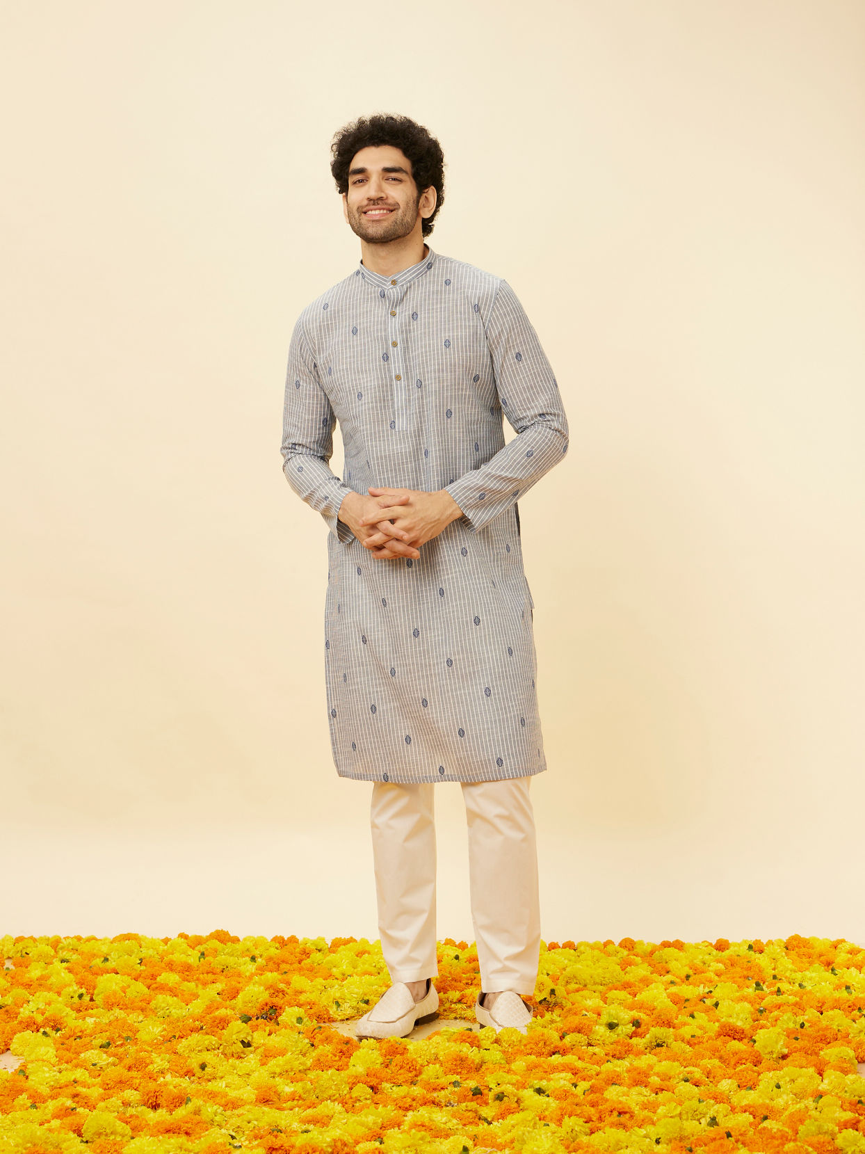 Manyavar Men Ash Blue Striped Kurta