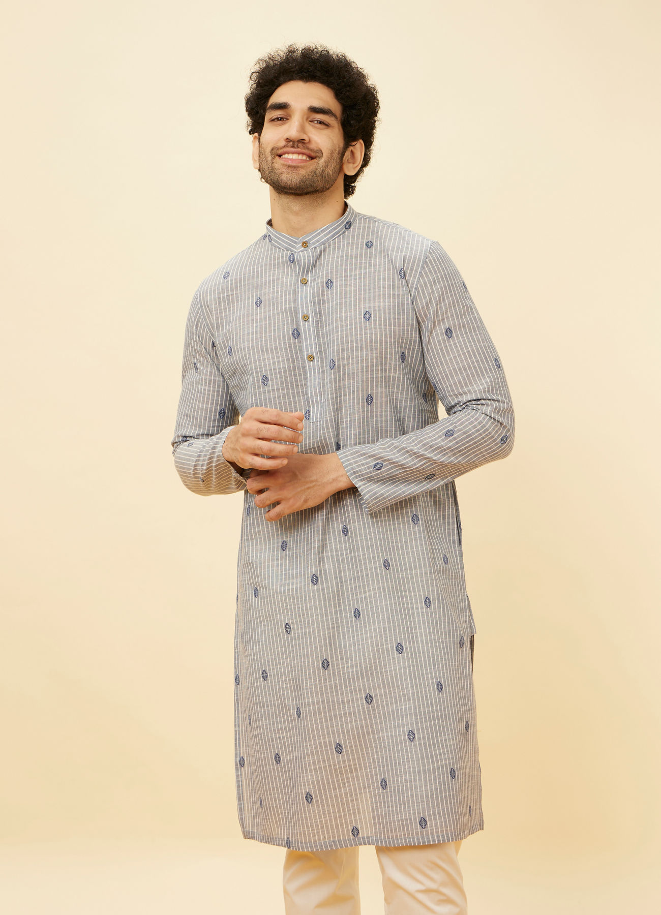 Manyavar Men Ash Blue Striped Kurta