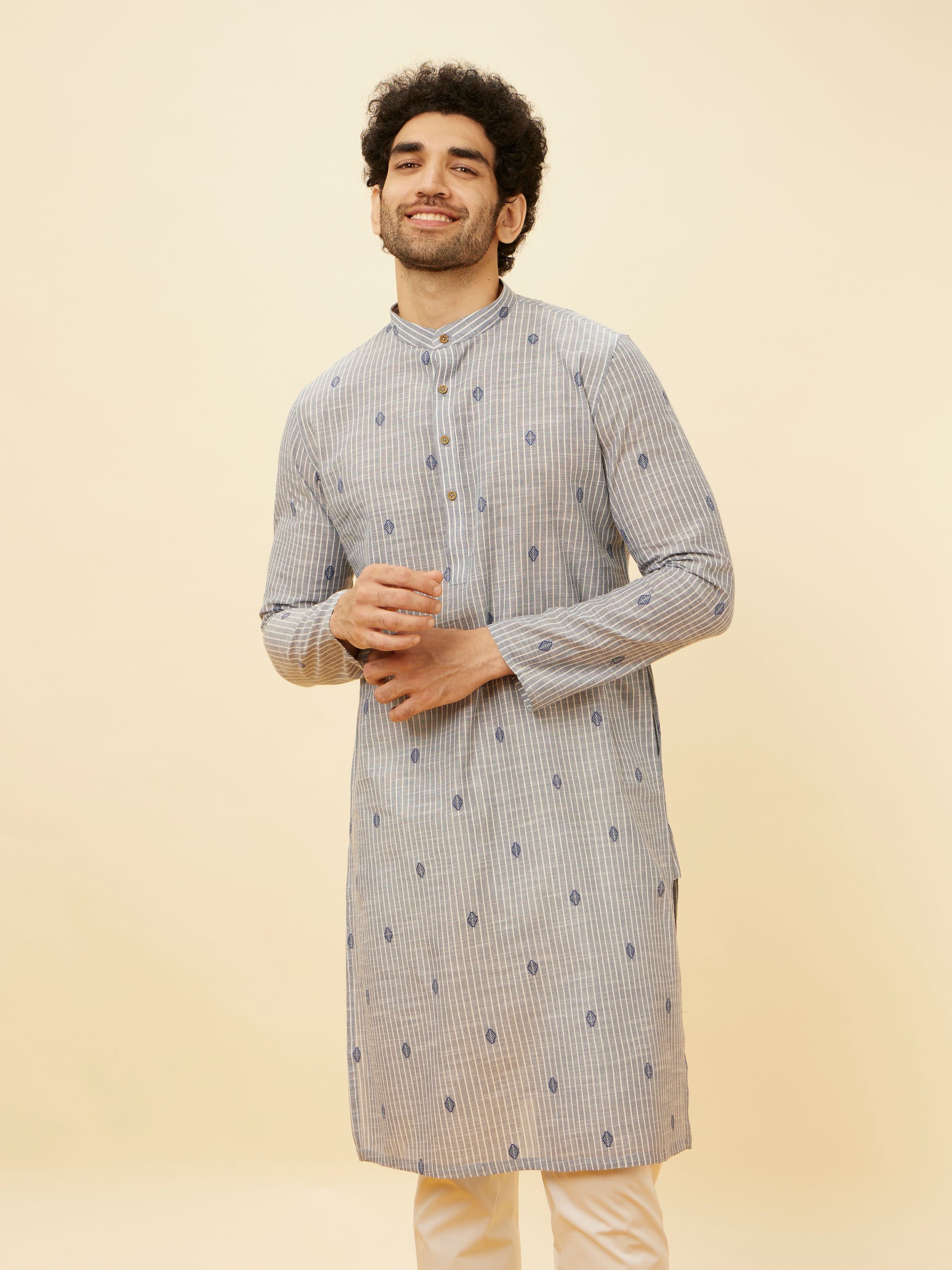 Manyavar Men Ash Blue Striped Kurta