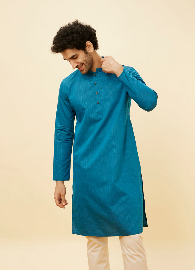 Manyavar Men Teal Blue Self Striped Kurta