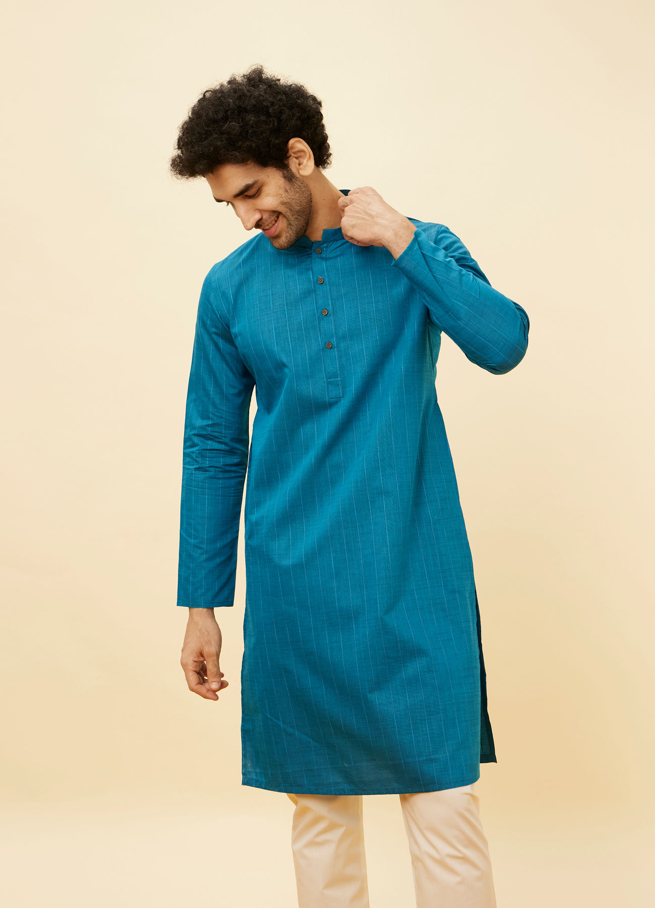 Manyavar Men Teal Blue Self Striped Kurta