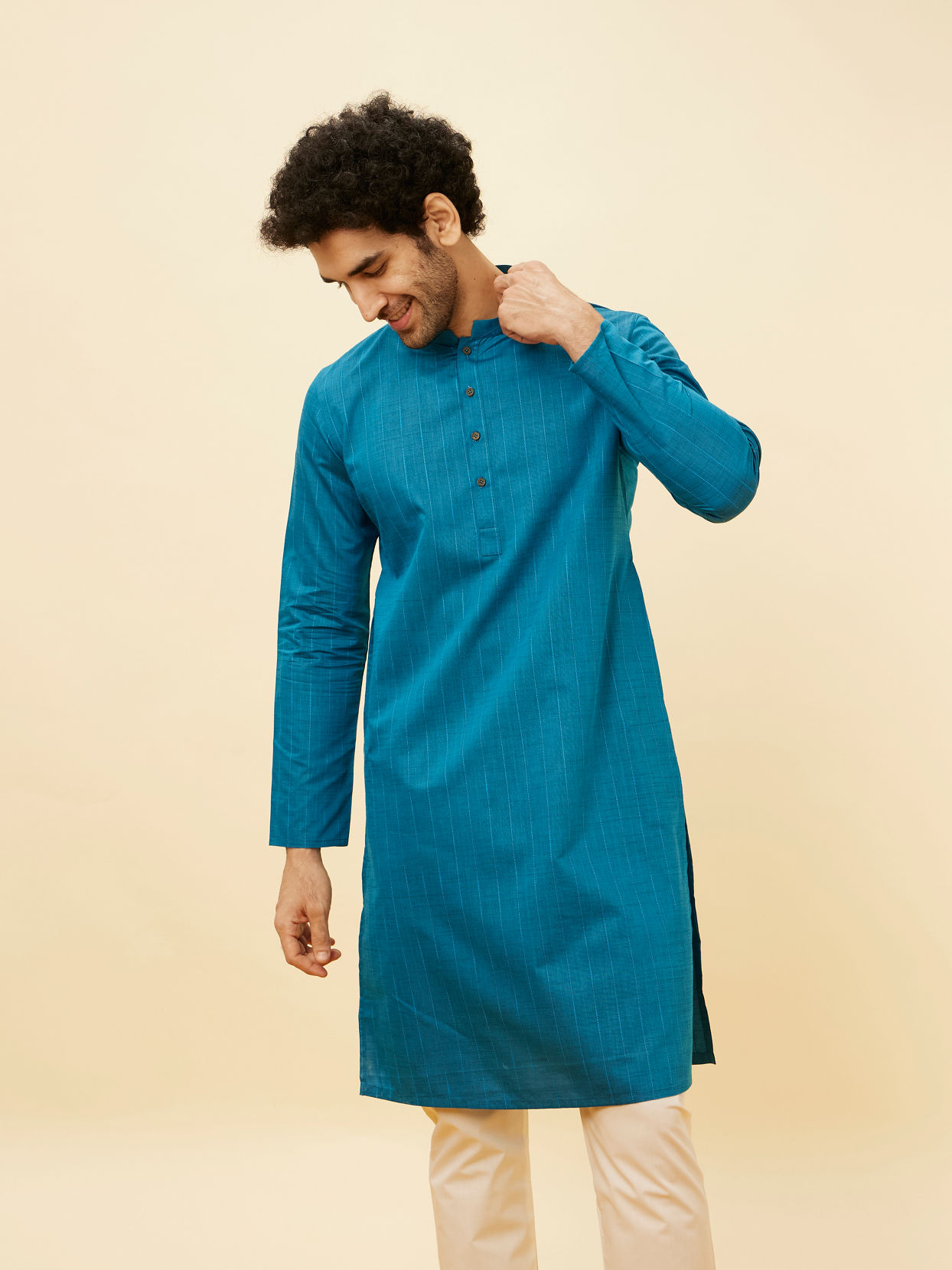 Manyavar Men Teal Blue Self Striped Kurta