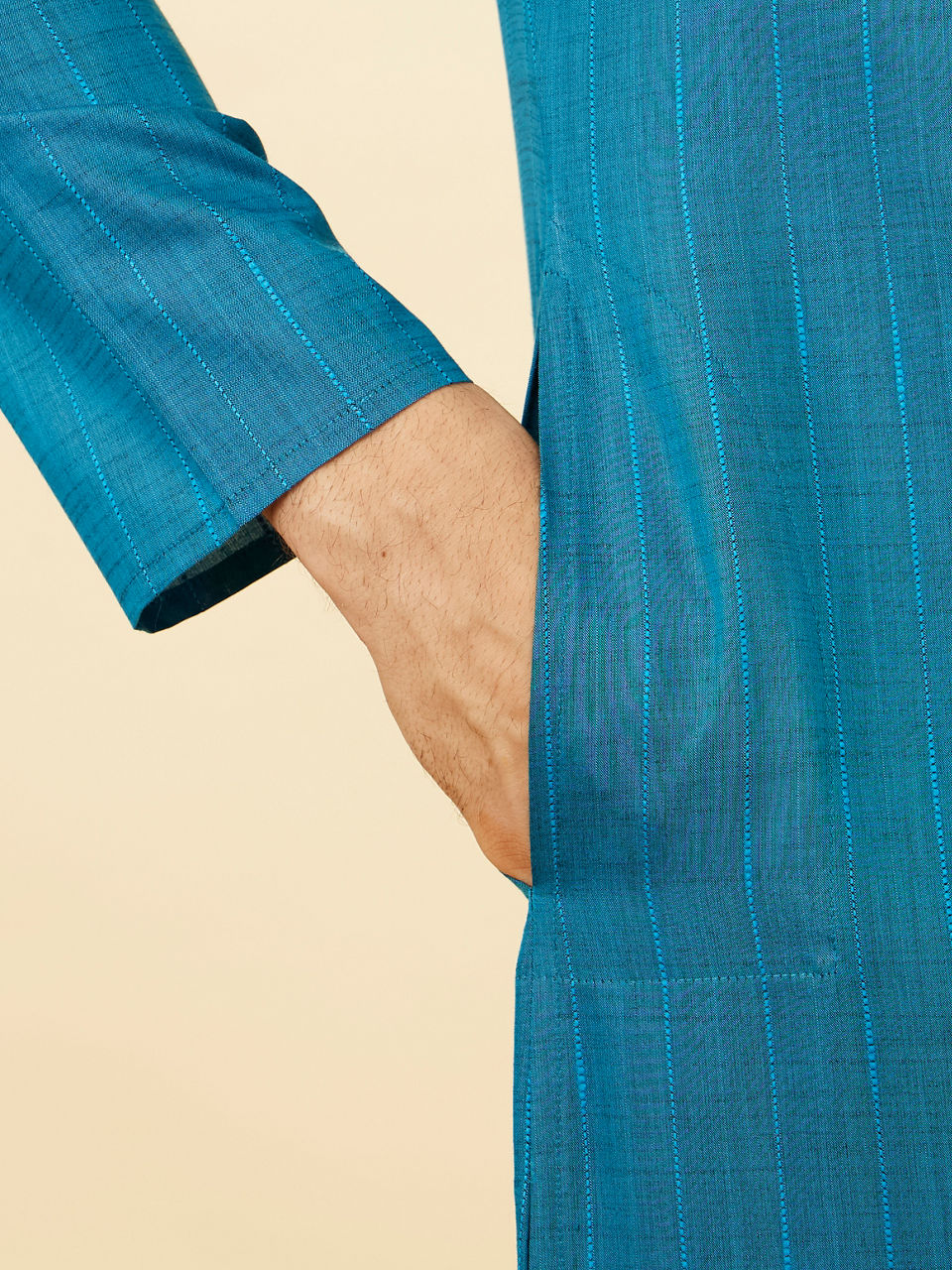 Manyavar Men Teal Blue Self Striped Kurta