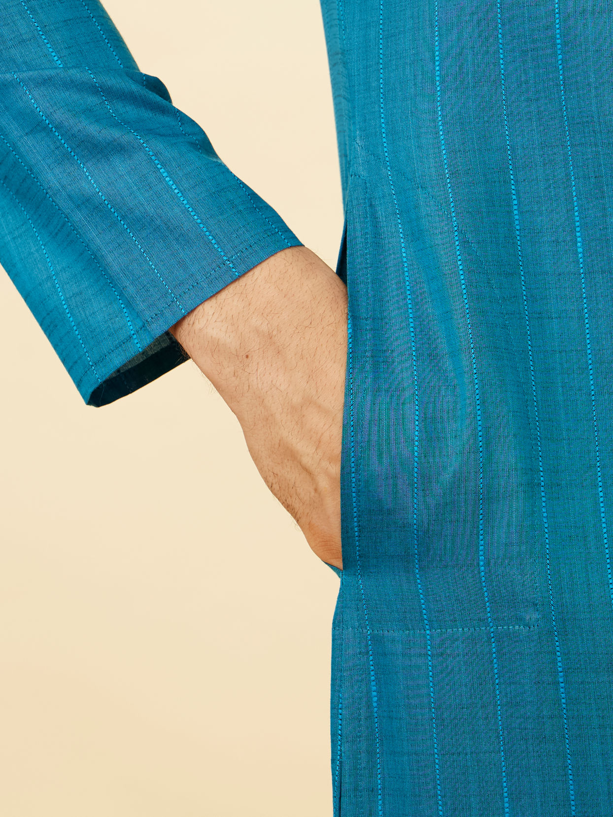 Teal Blue Self Striped Kurta image number 3