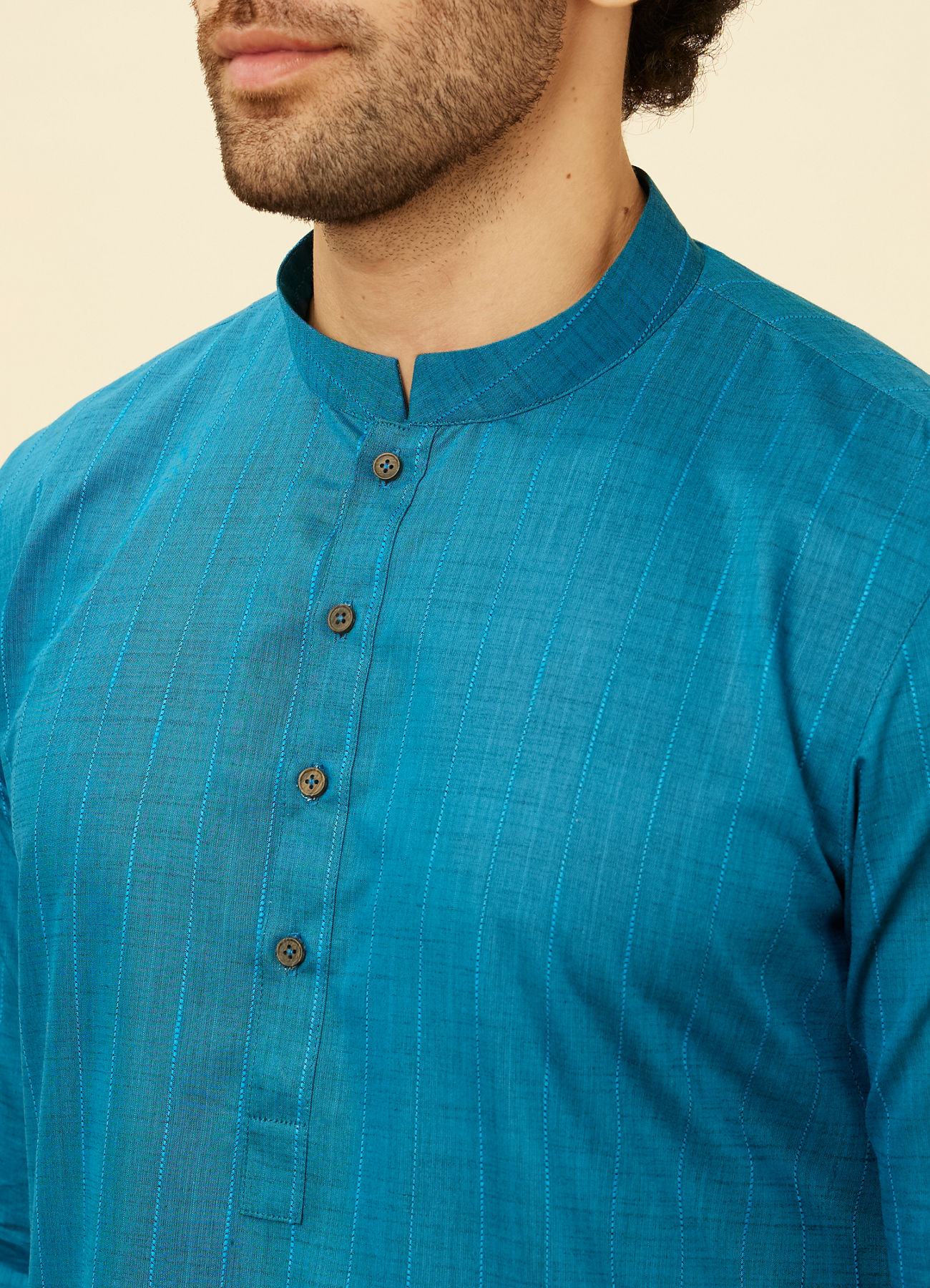 Manyavar Men Teal Blue Self Striped Kurta