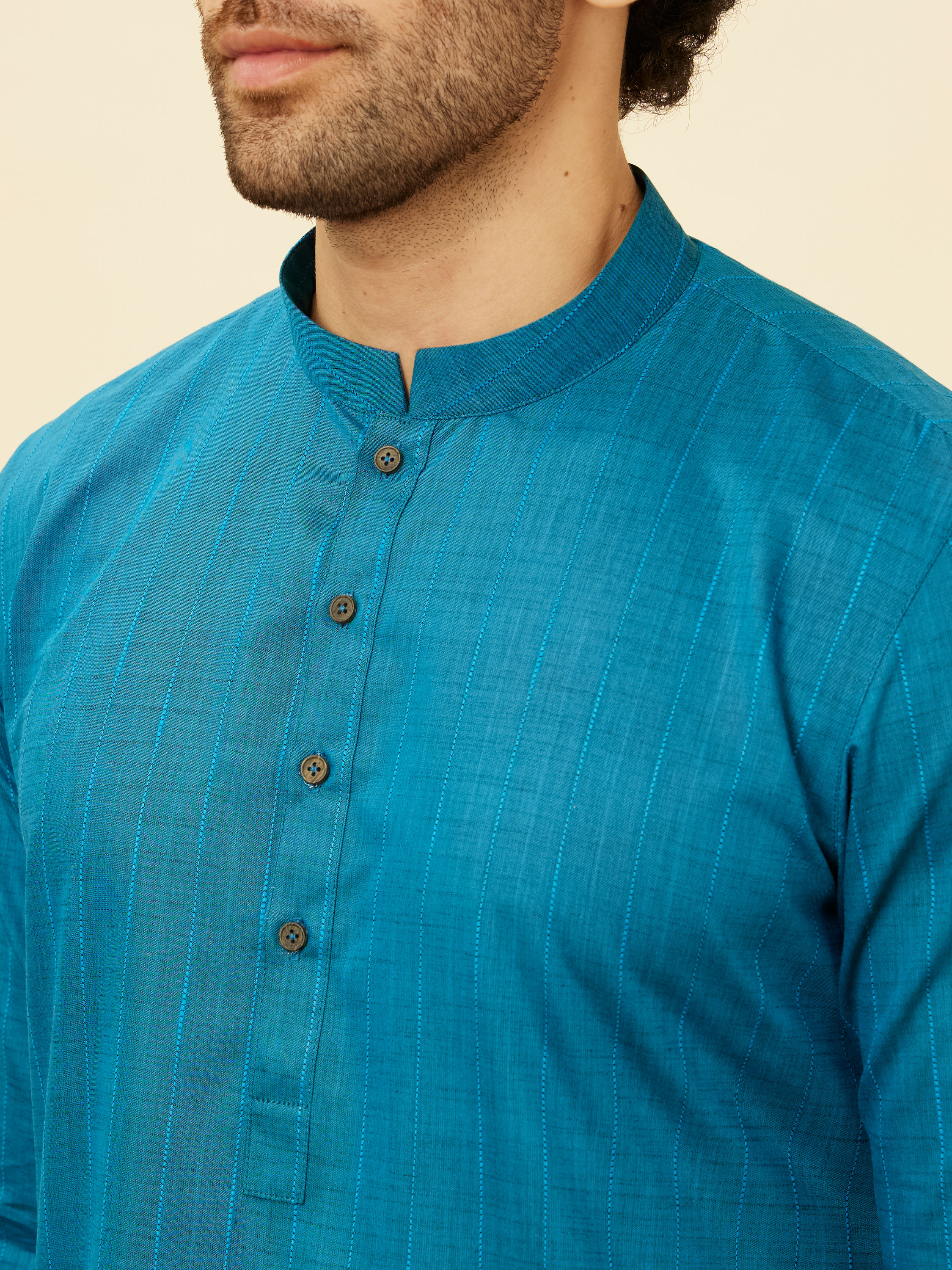 Manyavar Men Teal Blue Self Striped Kurta