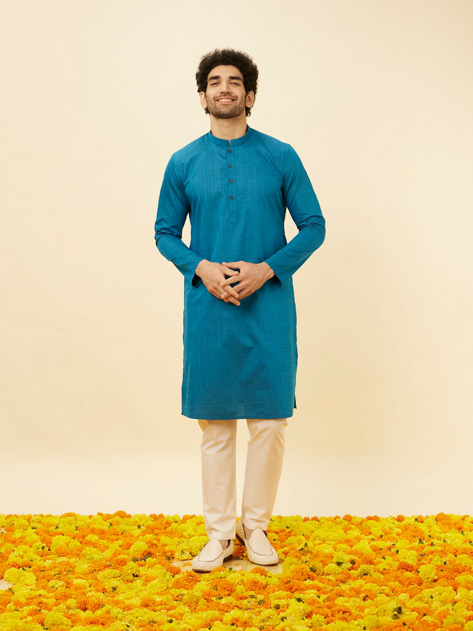 Manyavar Men Teal Blue Self Striped Kurta