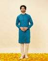 alt message - Manyavar Men Teal Blue Self Striped Kurta image number 2