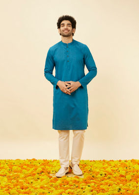 Teal Blue Self Striped Kurta image number 2