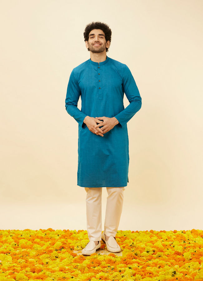 Manyavar Men Teal Blue Self Striped Kurta