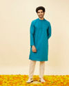 alt message - Manyavar Men Teal Green Self Striped Kurta image number 2