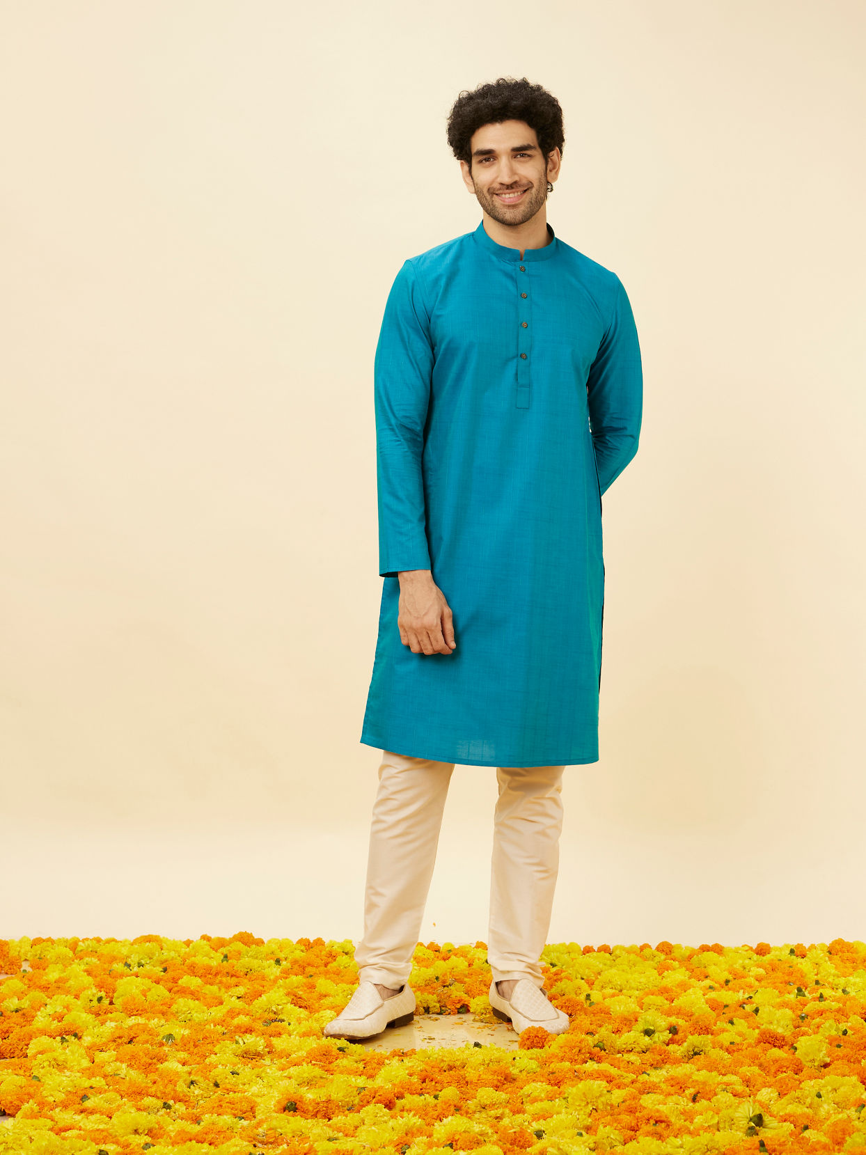 Manyavar Men Teal Green Self Striped Kurta