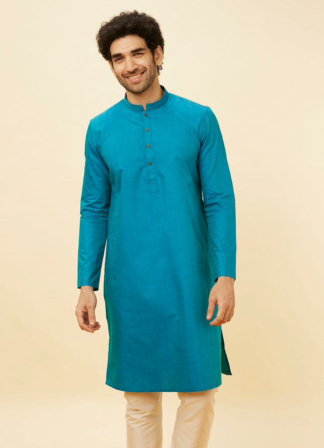 Manyavar Men Teal Green Self Striped Kurta