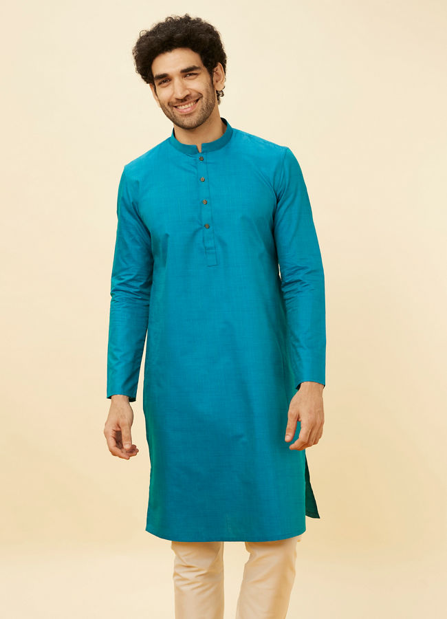 alt message - Manyavar Men Teal Green Self Striped Kurta image number 0