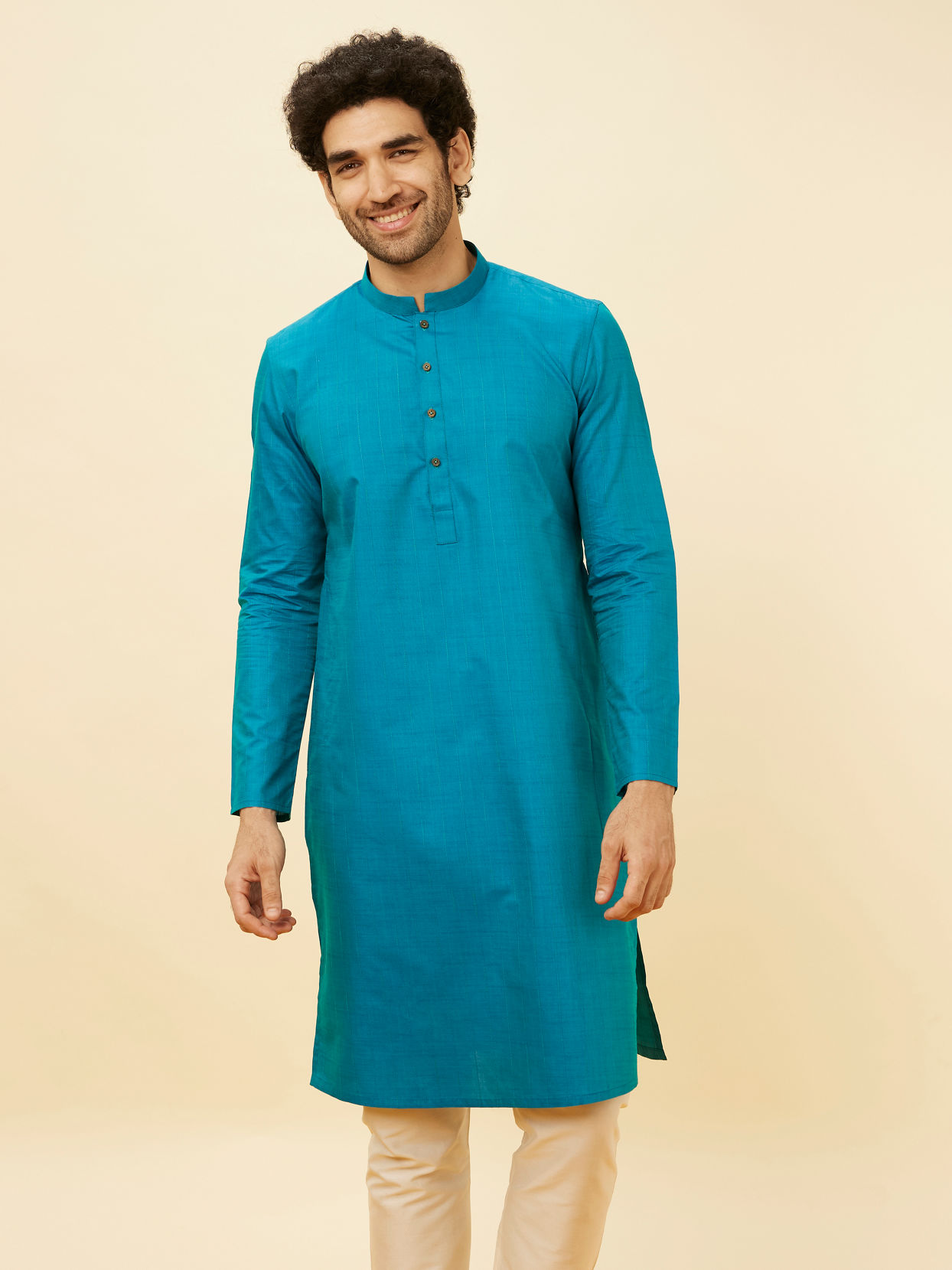 alt message - Manyavar Men Teal Green Self Striped Kurta image number 0