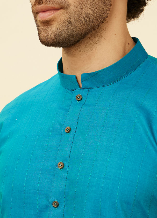 alt message - Manyavar Men Teal Green Self Striped Kurta image number 1